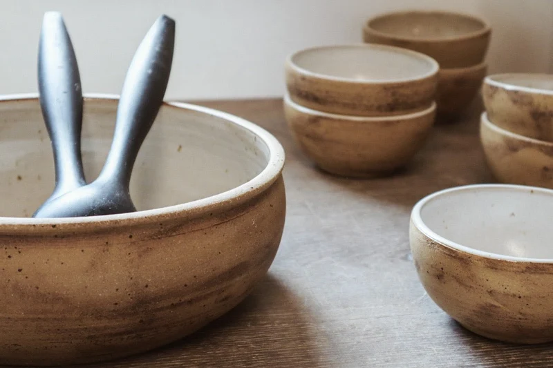 Keramik Salatschüssel + 4 Schälchen Handmade