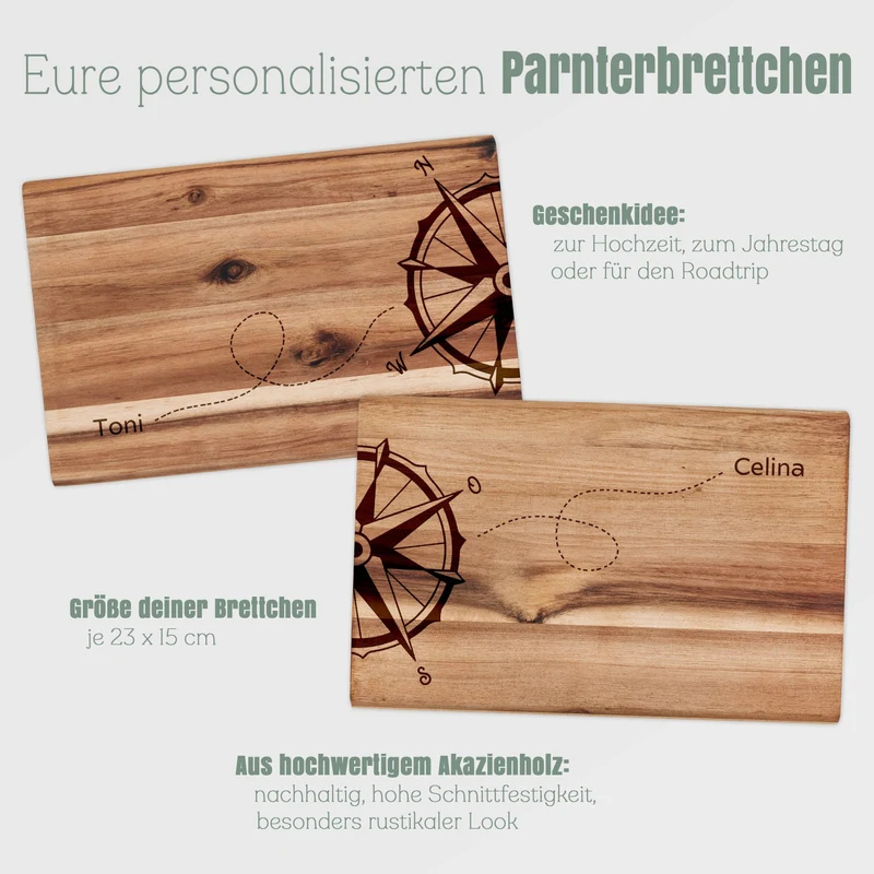 Partnerbrettchen personalisiert Akazie - Kompass