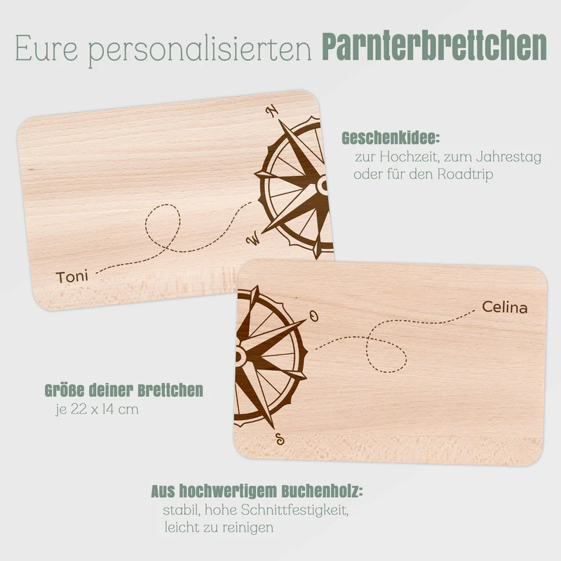 Partnerbrettchen personalisiert Buche - Kompass