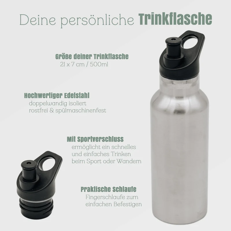 Trinkflasche Edelstahl mit Sportverschluss - personalisiert
