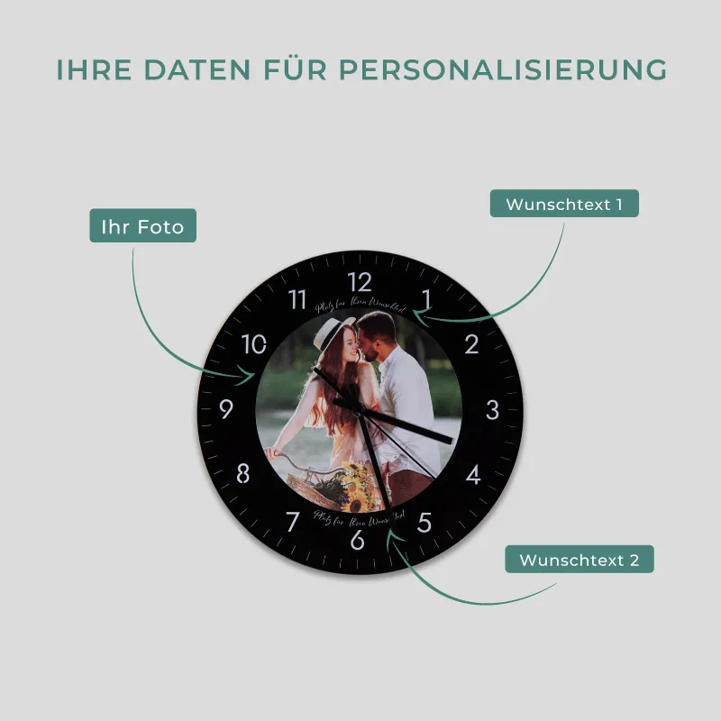 Personalisierte Wanduhr aus Acryl - Uhr zur Wand mit Foto, schwarz | Leise Wanduhr für Wohnzimmer & Schlafzimmer - Geschenk für Familie & Freunde