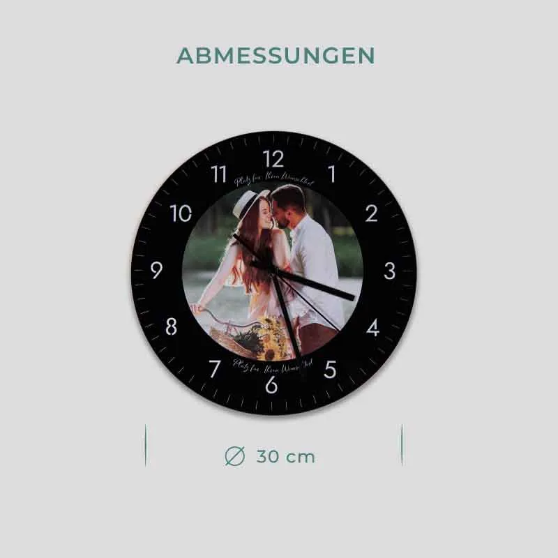 Personalisierte Wanduhr aus Acryl - Uhr zur Wand mit Foto, schwarz | Leise Wanduhr für Wohnzimmer & Schlafzimmer - Geschenk für Familie & Freunde
