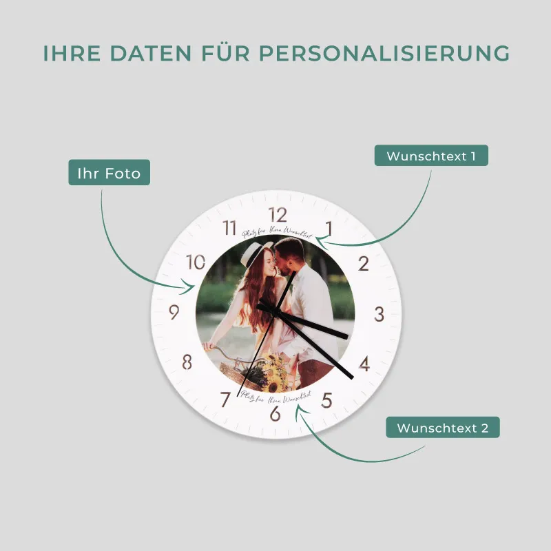 Personalisierte Wanduhr aus Acryl - Uhr zur Wand mit Foto, weiß | Leise Wanduhr für Wohnzimmer & Schlafzimmer - Geschenk für Familie & Freunde