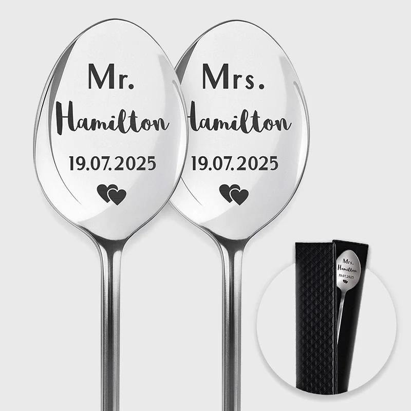 Dessertlöffel mit Gravur zur Hochzeit - 2er‑Set Kaffeelöffel Personalisiert als Geschenke - Mr & Mrs | Edelstahl - Hochzeitsgeschenk für Brautpaare