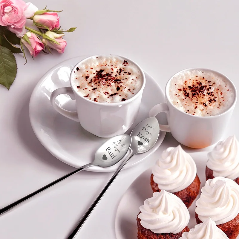 Dessertlöffel mit Gravur zur Hochzeit - 2er‑Set Personalisierte Müslilöffel als Geschenke - Herzen | Edelstahl - Hochzeitsgeschenk für Brautpaare