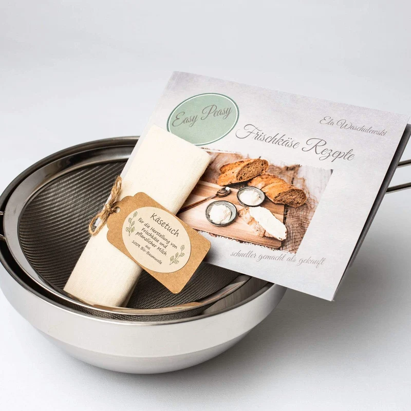 Set aus Nussmilchtuch/ Käsetuch/ Passiertuch, Frischkäse Rezeptbuch, Haushaltssieb und Schüssel