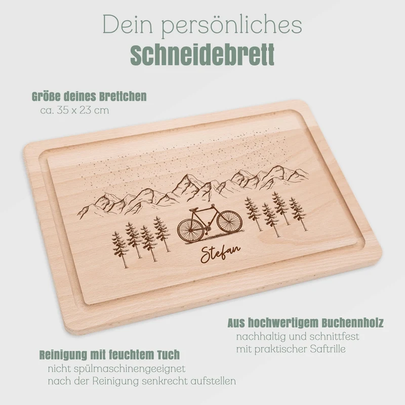 Schneidebrett mit Saftrille - Berge und Fahrrad