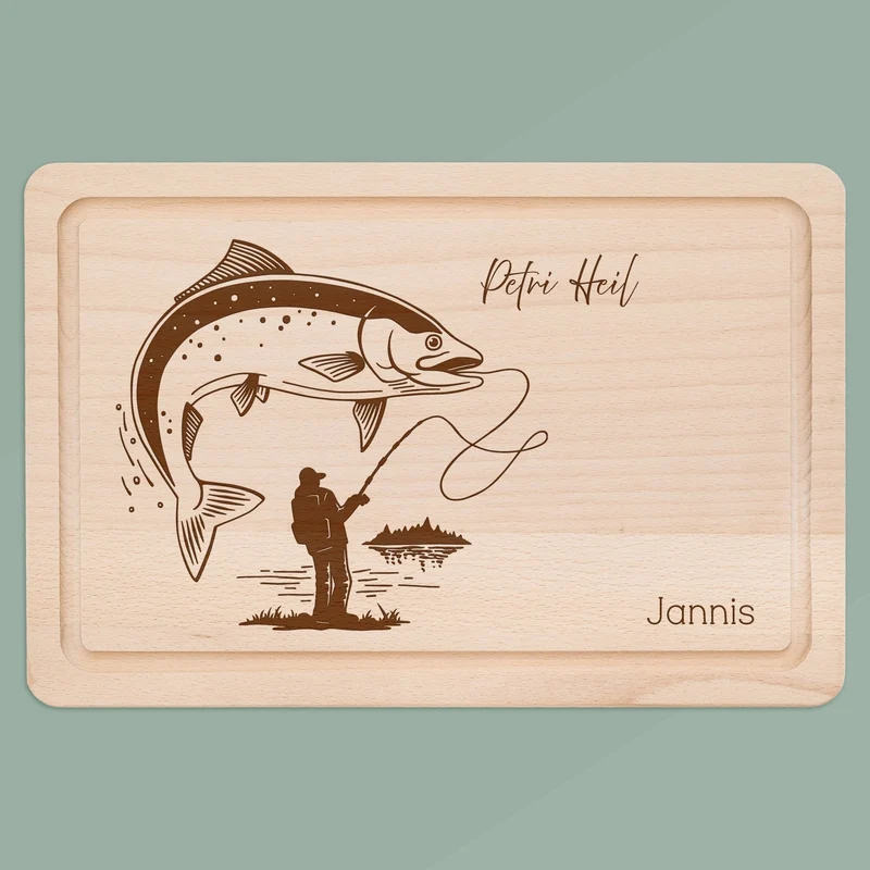 Schneidebrett mit Saftrille - Angler mit Fisch