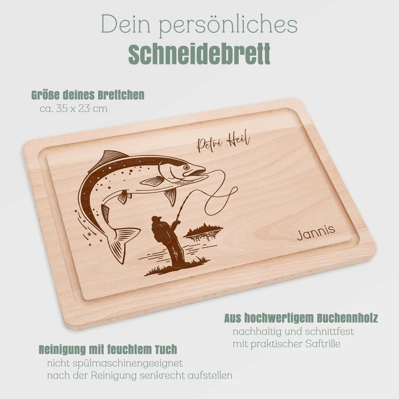 Schneidebrett mit Saftrille - Angler mit Fisch
