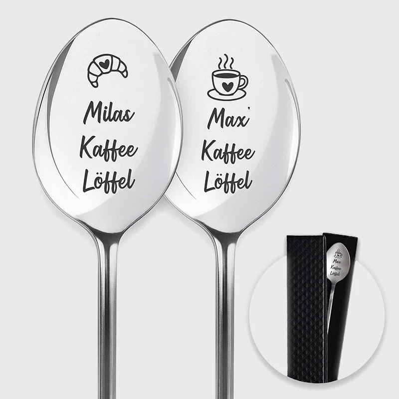 Dessertlöffel mit Gravur zur Hochzeit - 2er‑Set Kaffeelöffel Personalisiert als Geschenke - Kaffee & Croissant | Edelstahl - Müslilöffel für Brautpaar
