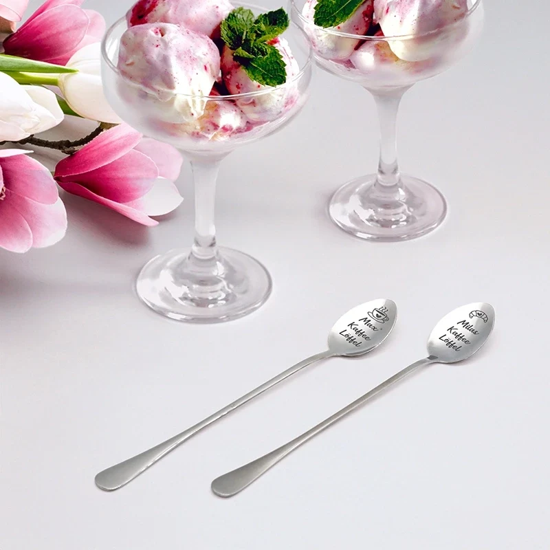 Dessertlöffel mit Gravur zur Hochzeit - 2er‑Set Kaffeelöffel Personalisiert als Geschenke - Kaffee & Croissant | Edelstahl - Müslilöffel für Brautpaar