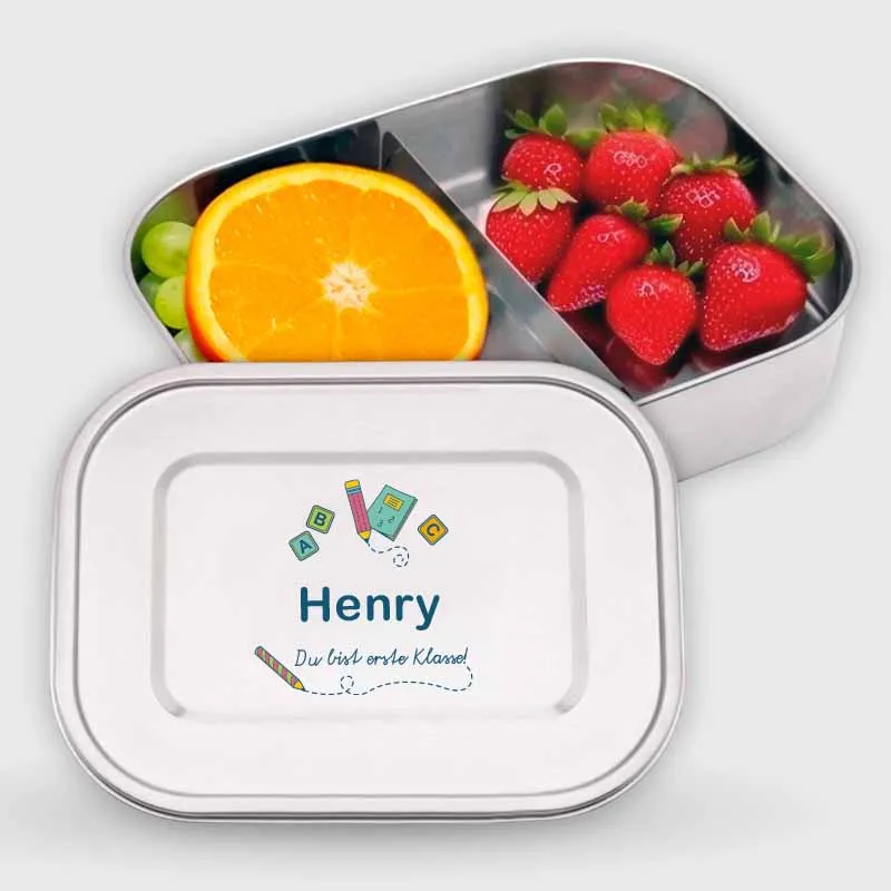 Personalisierte Brotdose mit Name für Erstklässler - 2 Größen, Edelstahl mit Fächern & auslaufsicher | Kinder Lunchbox - Geschenk zur Ersteinschulung