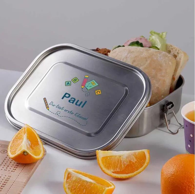 Personalisierte Brotdose mit Name für Erstklässler - 2 Größen, Edelstahl mit Fächern & auslaufsicher | Kinder Lunchbox - Geschenk zur Ersteinschulung