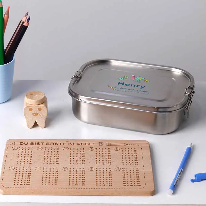 Personalisierte Brotdose mit Name für Erstklässler - 2 Größen, Edelstahl mit Fächern & auslaufsicher | Kinder Lunchbox - Geschenk zur Ersteinschulung
