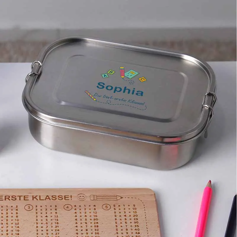 Personalisierte Brotdose mit Name für Erstklässler - 2 Größen, Edelstahl mit Fächern & auslaufsicher | Kinder Lunchbox - Geschenk zur Ersteinschulung