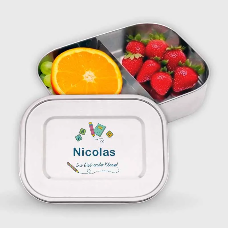 Personalisierte Brotdose mit Name für Erstklässler - 2 Größen, Edelstahl mit Fächern & auslaufsicher | Kinder Lunchbox - Geschenk zur Ersteinschulung