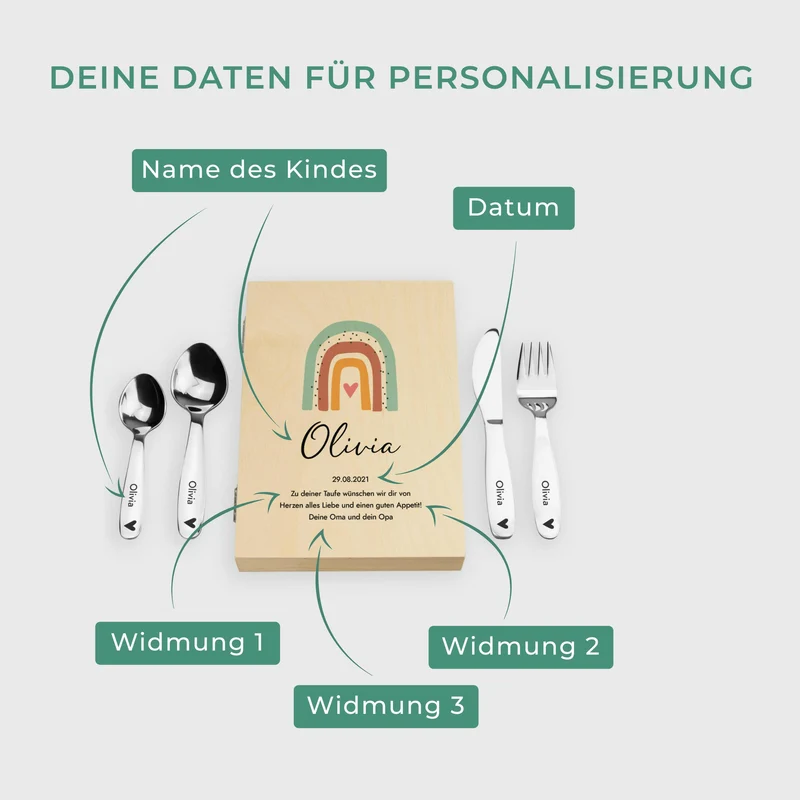 Kinderbesteck personalisiert mit Namen - Besteckset Regenbogen Motiv | Taufgeschenk für Kinder - Geschenk zur Taufe für Jungs & Mädchen, natur Kiste
