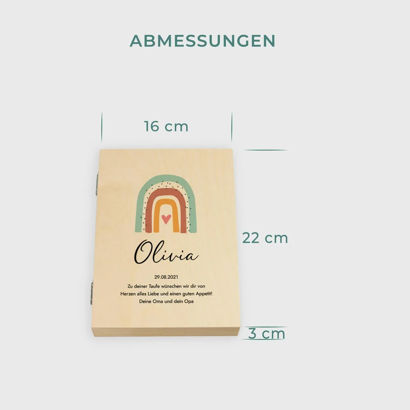 Kinderbesteck personalisiert mit Namen - Besteckset Regenbogen Motiv | Taufgeschenk für Kinder - Geschenk zur Taufe für Jungs & Mädchen, natur Kiste
