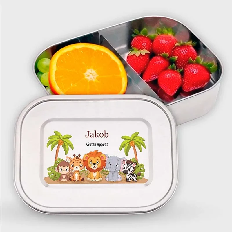 Personalisierte Brotdose mit Name - Safari - 800-1400 ml, Edelstahl Metall mit Fächern & auslaufsicher | Lunchbox mit Trennwand für Kinder, Erwachsene