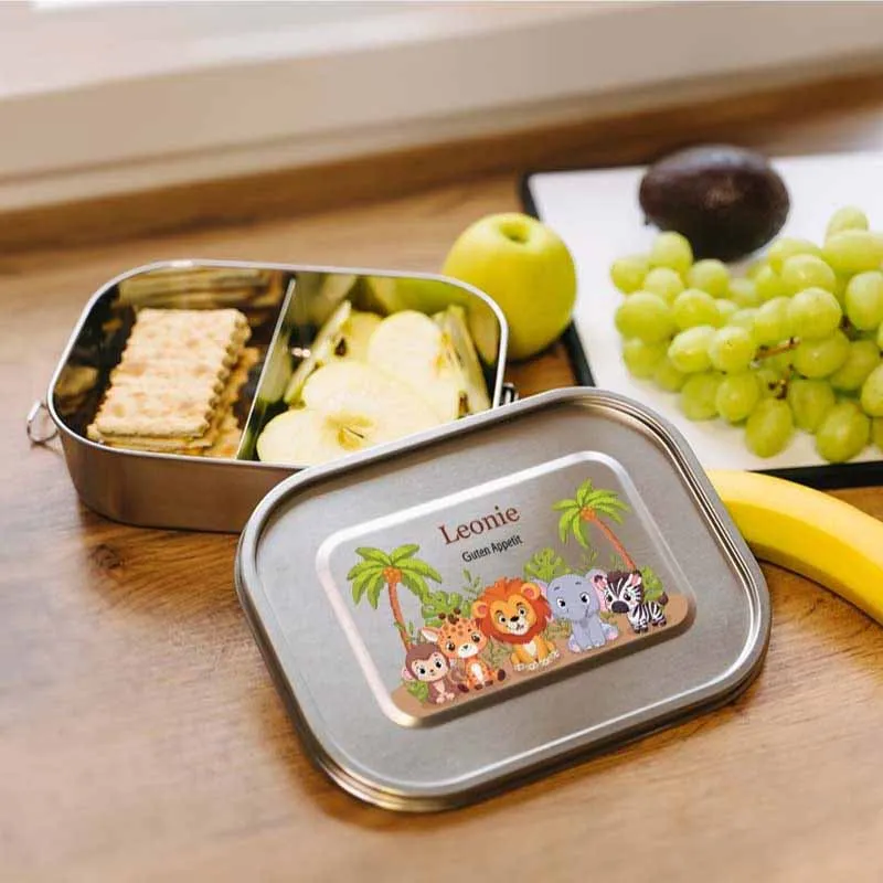 Personalisierte Brotdose mit Name - Safari - 800-1400 ml, Edelstahl Metall mit Fächern & auslaufsicher | Lunchbox mit Trennwand für Kinder, Erwachsene