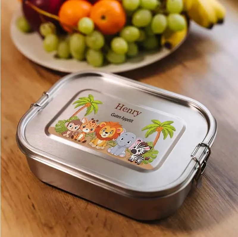 Personalisierte Brotdose mit Name - Safari - 800-1400 ml, Edelstahl Metall mit Fächern & auslaufsicher | Lunchbox mit Trennwand für Kinder, Erwachsene
