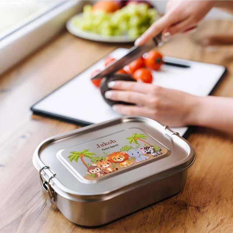 Personalisierte Brotdose mit Name - Safari - 800-1400 ml, Edelstahl Metall mit Fächern & auslaufsicher | Lunchbox mit Trennwand für Kinder, Erwachsene