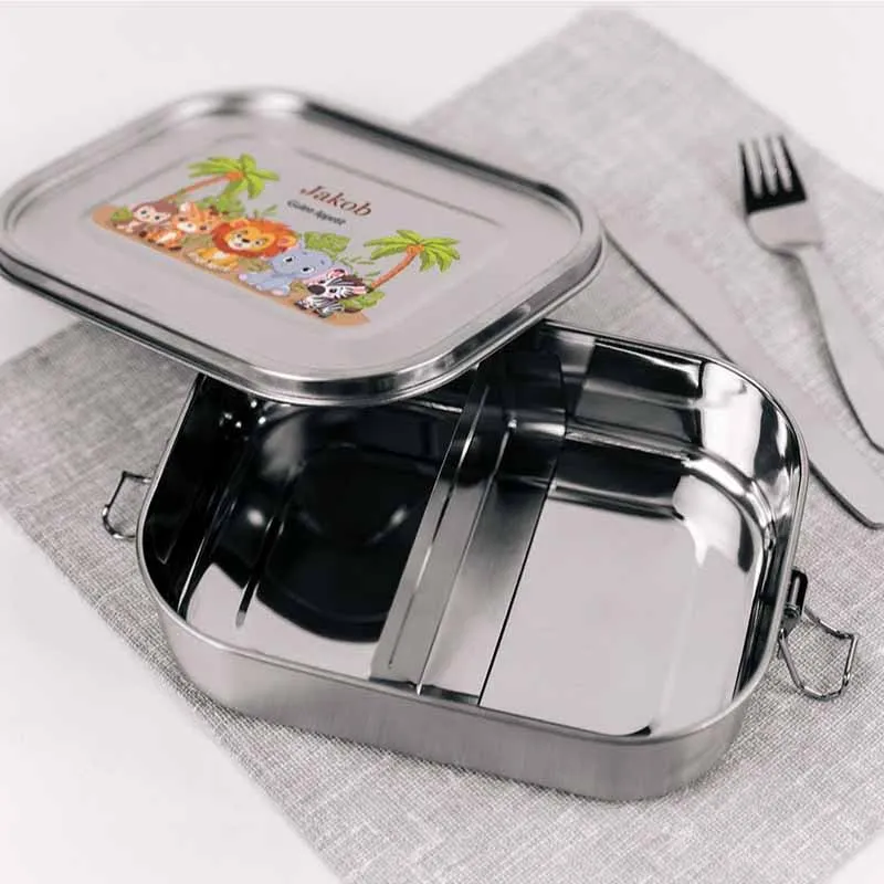 Personalisierte Brotdose mit Name - Safari - 800-1400 ml, Edelstahl Metall mit Fächern & auslaufsicher | Lunchbox mit Trennwand für Kinder, Erwachsene