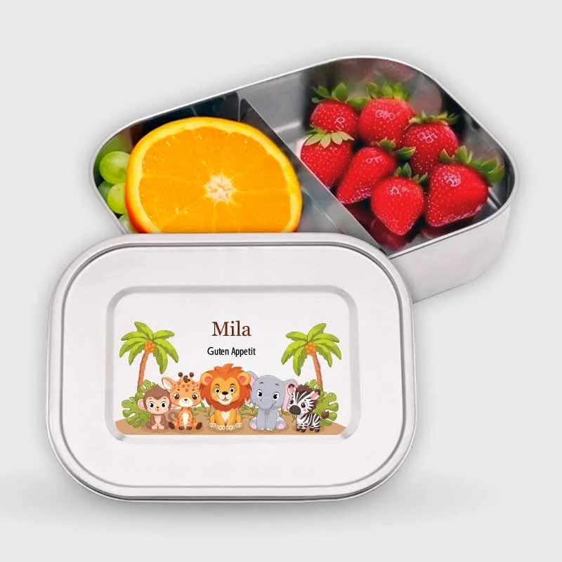 Personalisierte Brotdose mit Name - Safari - 800-1400 ml, Edelstahl Metall mit Fächern & auslaufsicher | Lunchbox mit Trennwand für Kinder, Erwachsene