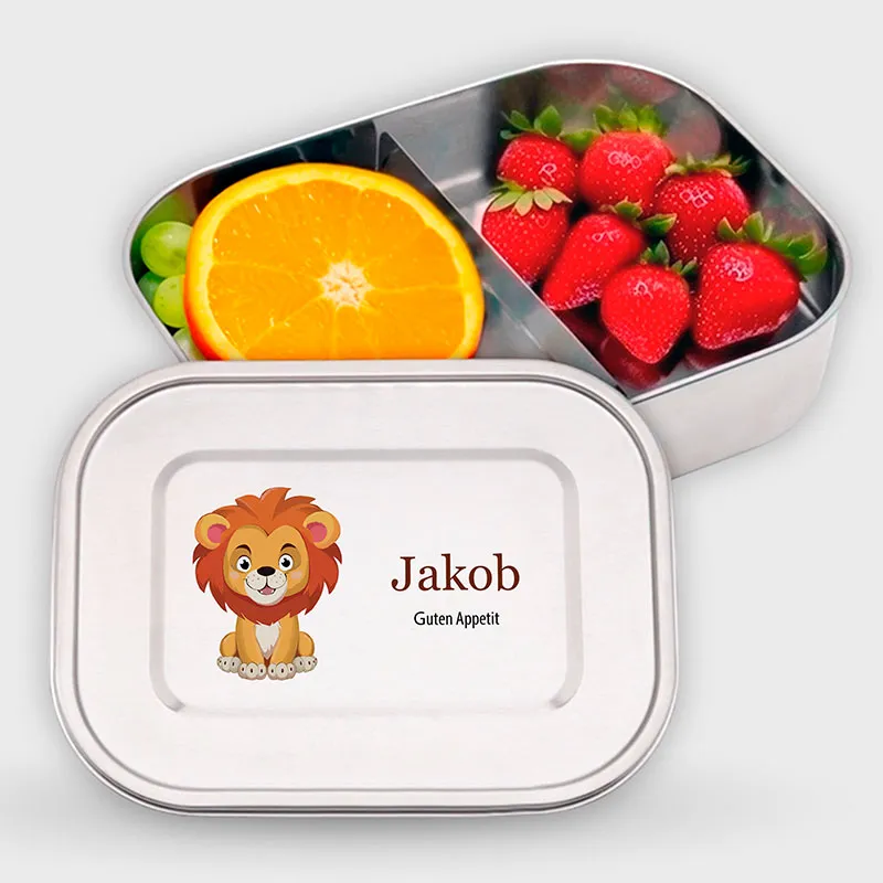 Personalisierte Brotdose mit Name - Löwe - 800-1400 ml, Edelstahl Metall mit Fächern & auslaufsicher | Lunchbox mit Trennwand für Kinder & Erwachsene