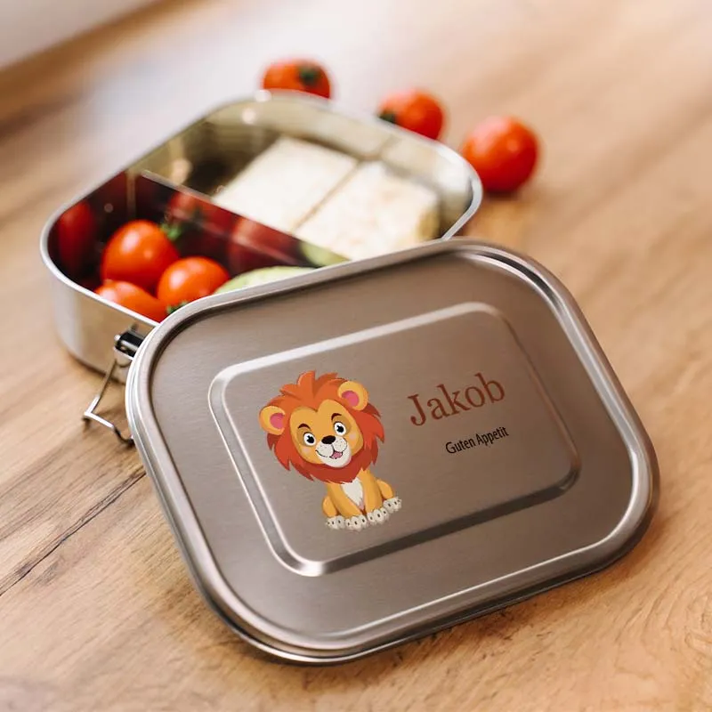 Personalisierte Brotdose mit Name - Löwe - 800-1400 ml, Edelstahl Metall mit Fächern & auslaufsicher | Lunchbox mit Trennwand für Kinder & Erwachsene
