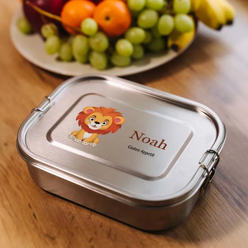 Personalisierte Brotdose mit Name - Löwe - 800-1400 ml, Edelstahl Metall mit Fächern & auslaufsicher | Lunchbox mit Trennwand für Kinder & Erwachsene