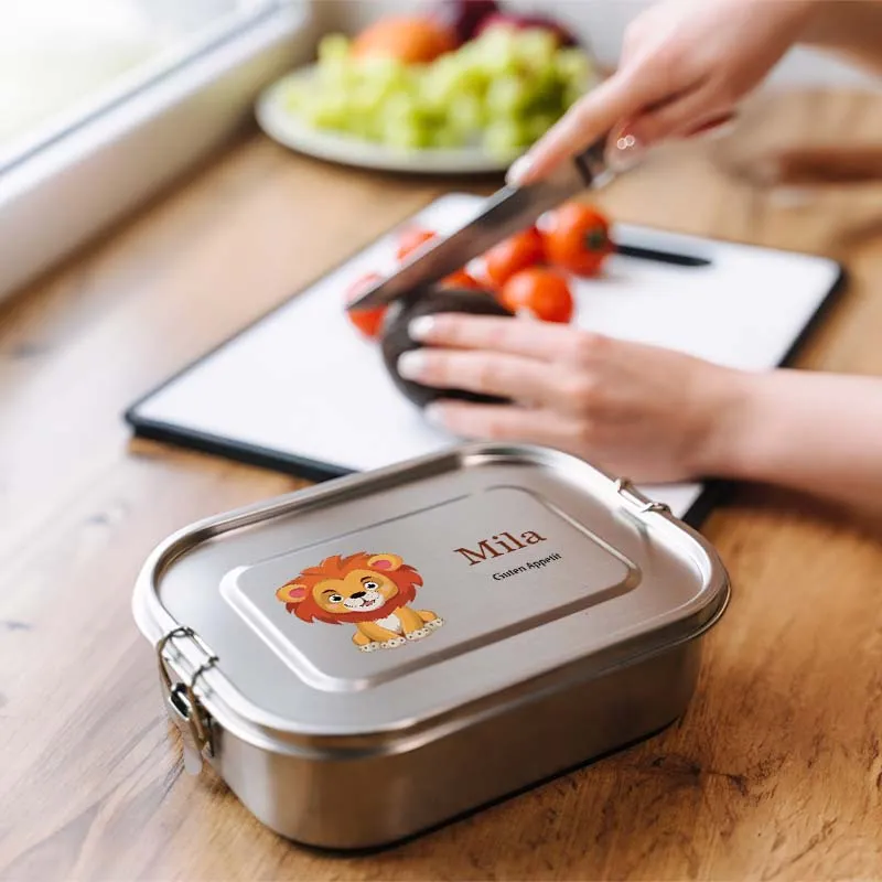 Personalisierte Brotdose mit Name - Löwe - 800-1400 ml, Edelstahl Metall mit Fächern & auslaufsicher | Lunchbox mit Trennwand für Kinder & Erwachsene