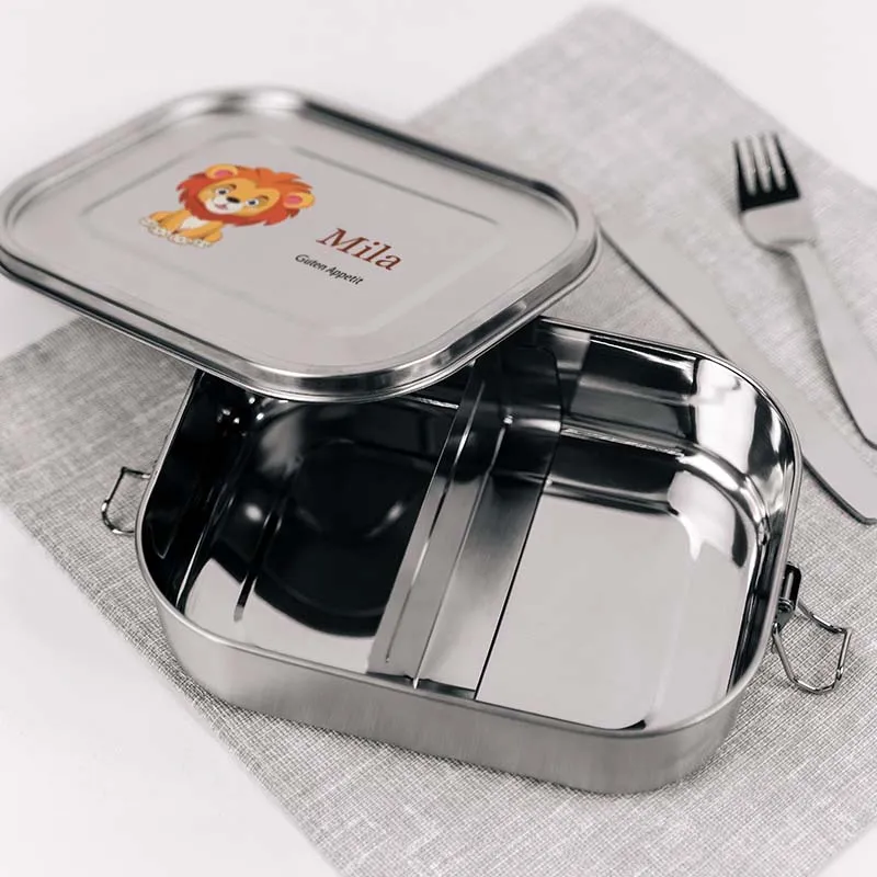 Personalisierte Brotdose mit Name - Löwe - 800-1400 ml, Edelstahl Metall mit Fächern & auslaufsicher | Lunchbox mit Trennwand für Kinder & Erwachsene