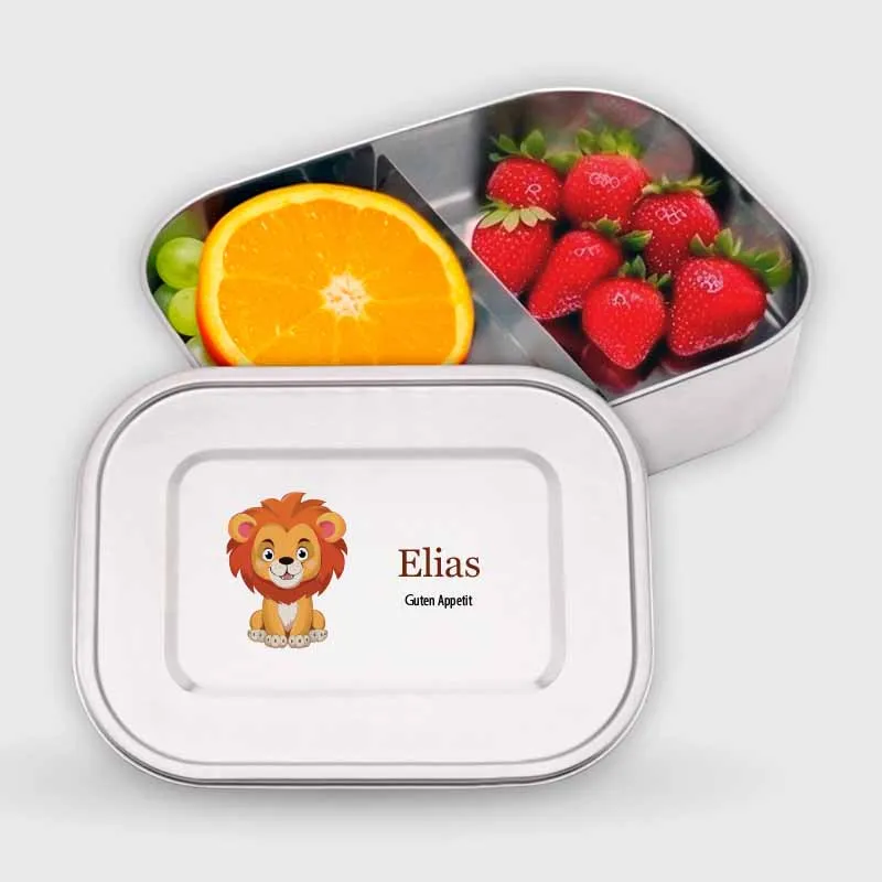Personalisierte Brotdose mit Name - Löwe - 800-1400 ml, Edelstahl Metall mit Fächern & auslaufsicher | Lunchbox mit Trennwand für Kinder & Erwachsene