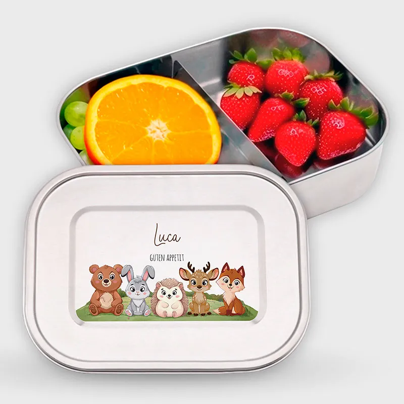 Personalisierte Brotdose mit Name - Waldtiere - 2 Größen, Edelstahl Metall mit Fächern, auslaufsicher | Lunchbox mit Trennwand für Kinder, Erwachsene