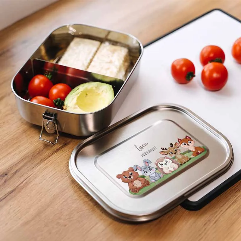 Personalisierte Brotdose mit Name - Waldtiere - 2 Größen, Edelstahl Metall mit Fächern, auslaufsicher | Lunchbox mit Trennwand für Kinder, Erwachsene