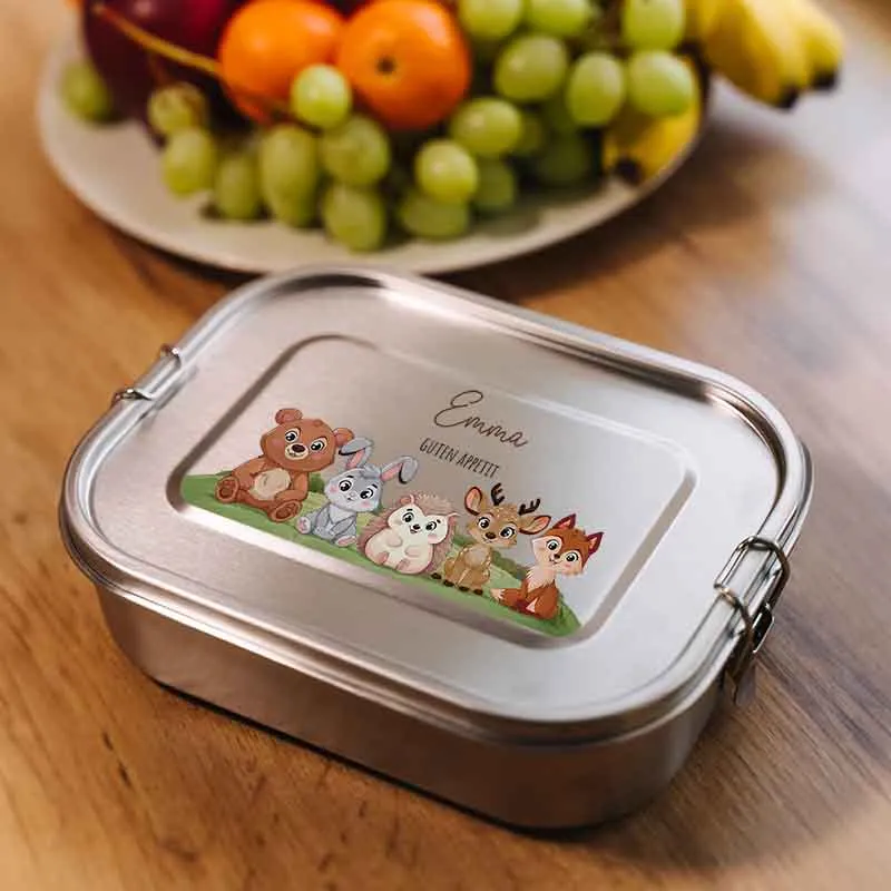 Personalisierte Brotdose mit Name - Waldtiere - 2 Größen, Edelstahl Metall mit Fächern, auslaufsicher | Lunchbox mit Trennwand für Kinder, Erwachsene