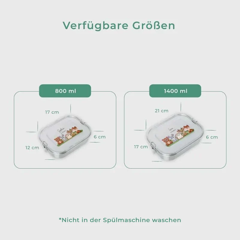 Personalisierte Brotdose mit Name - Waldtiere - 2 Größen, Edelstahl Metall mit Fächern, auslaufsicher | Lunchbox mit Trennwand für Kinder, Erwachsene