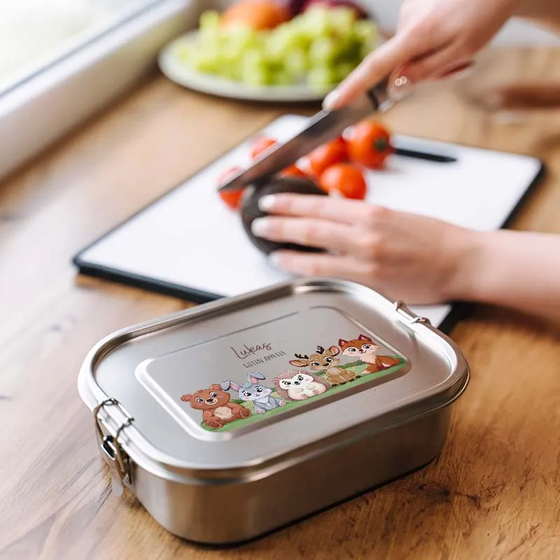 Personalisierte Brotdose mit Name - Waldtiere - 2 Größen, Edelstahl Metall mit Fächern, auslaufsicher | Lunchbox mit Trennwand für Kinder, Erwachsene