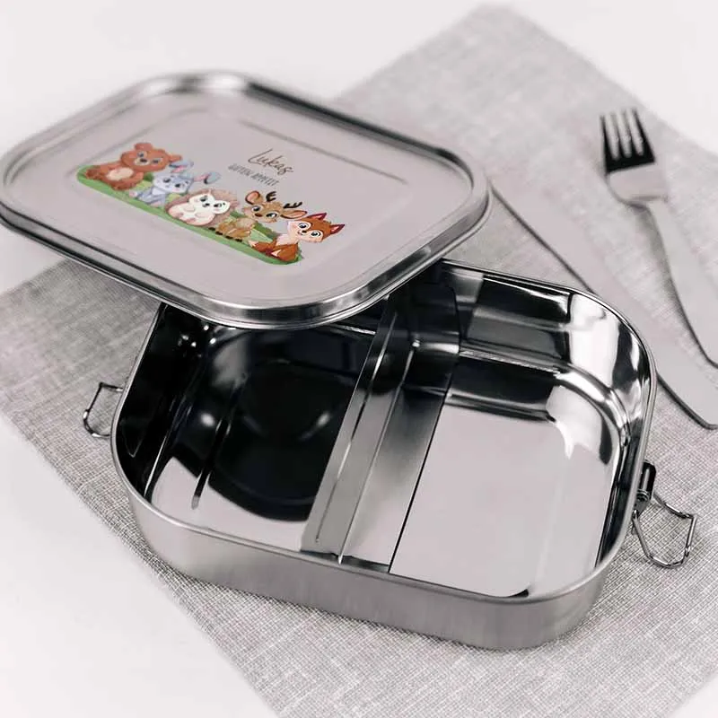 Personalisierte Brotdose mit Name - Waldtiere - 2 Größen, Edelstahl Metall mit Fächern, auslaufsicher | Lunchbox mit Trennwand für Kinder, Erwachsene