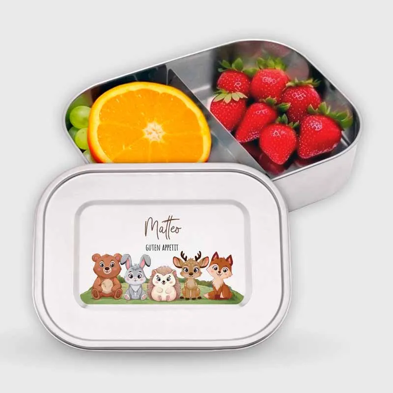 Personalisierte Brotdose mit Name - Waldtiere - 2 Größen, Edelstahl Metall mit Fächern, auslaufsicher | Lunchbox mit Trennwand für Kinder, Erwachsene