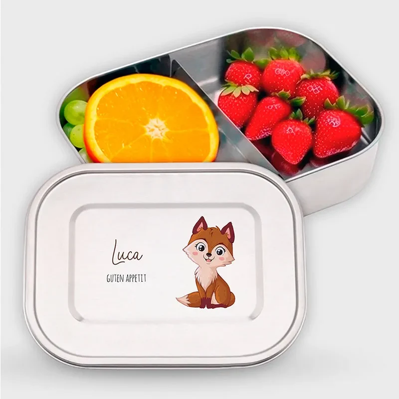 Personalisierte Brotdose mit Name - Fuchs - 800-1400 ml, Edelstahl Metall mit Fächern & auslaufsicher | Lunchbox mit Trennwand für Kinder & Erwachsene