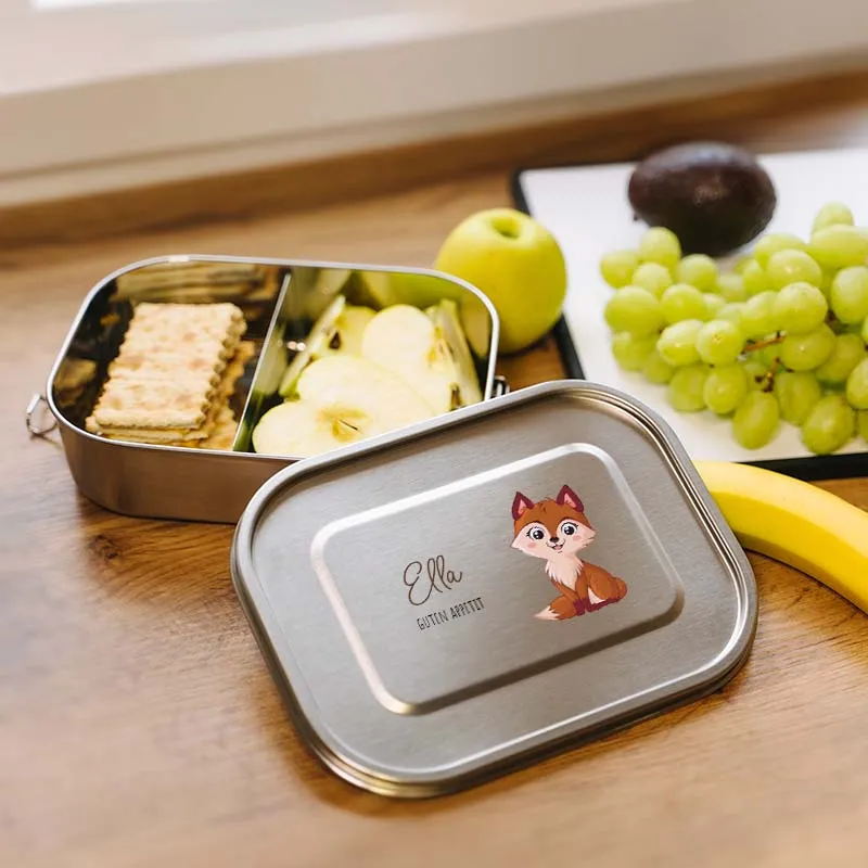 Personalisierte Brotdose mit Name - Fuchs - 800-1400 ml, Edelstahl Metall mit Fächern & auslaufsicher | Lunchbox mit Trennwand für Kinder & Erwachsene