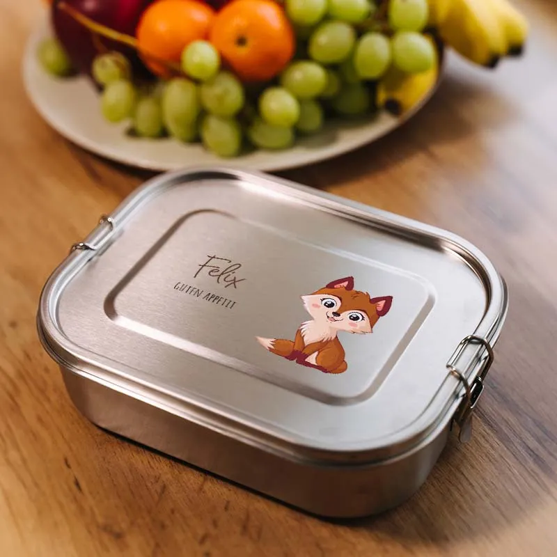 Personalisierte Brotdose mit Name - Fuchs - 800-1400 ml, Edelstahl Metall mit Fächern & auslaufsicher | Lunchbox mit Trennwand für Kinder & Erwachsene