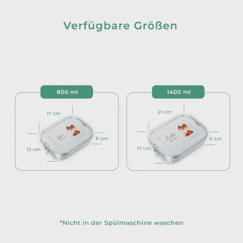 Personalisierte Brotdose mit Name - Fuchs - 800-1400 ml, Edelstahl Metall mit Fächern & auslaufsicher | Lunchbox mit Trennwand für Kinder & Erwachsene
