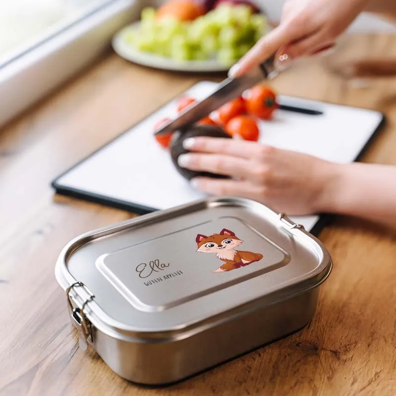 Personalisierte Brotdose mit Name - Fuchs - 800-1400 ml, Edelstahl Metall mit Fächern & auslaufsicher | Lunchbox mit Trennwand für Kinder & Erwachsene