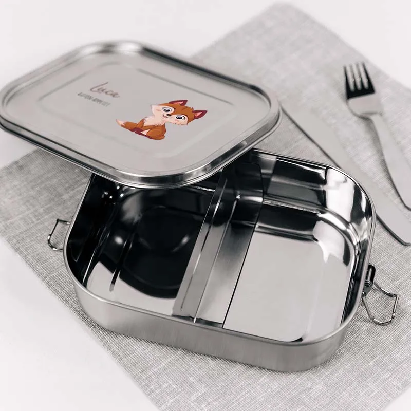Personalisierte Brotdose mit Name - Fuchs - 800-1400 ml, Edelstahl Metall mit Fächern & auslaufsicher | Lunchbox mit Trennwand für Kinder & Erwachsene