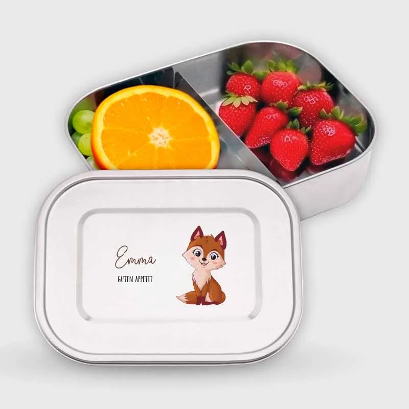 Personalisierte Brotdose mit Name - Fuchs - 800-1400 ml, Edelstahl Metall mit Fächern & auslaufsicher | Lunchbox mit Trennwand für Kinder & Erwachsene