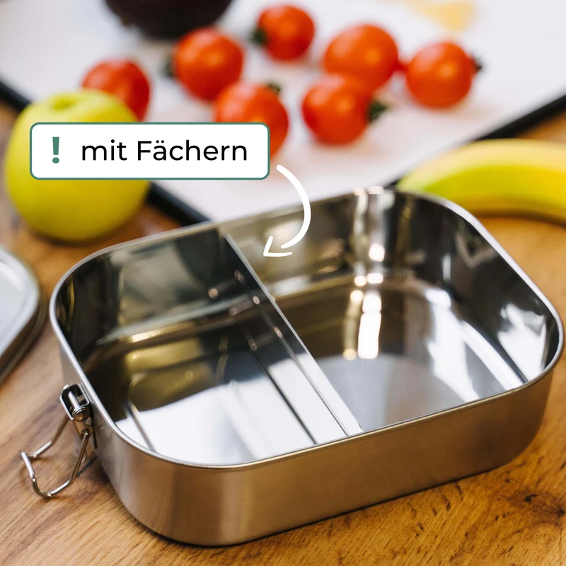 Personalisierte Brotdose mit Namen graviert - 800-1400 ml, Edelstahl Metall mit Fächern, auslaufsicher | Lunchbox mit Trennwand für Kinder, Erwachsene