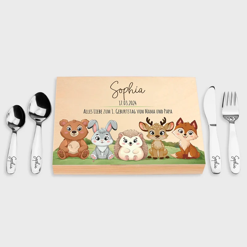 Kinderbesteck personalisiert mit Namen - Besteckset Waldtiere Motiv | Taufgeschenk für Kinder - Geschenk zur Taufe für Jungs & Mädchen, natur Kiste